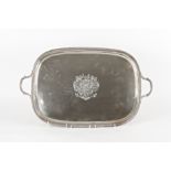 A large George III silver armourial tray hallmarked London 1809, engraved with a large central crest