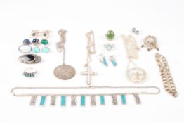 A collection of assorted silver jewellery16 pieces, including necklaces,  brooches, rings and