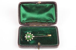 A Victorian diamond and enamel bar broochset with green enamel heart surrounded by seed pearls