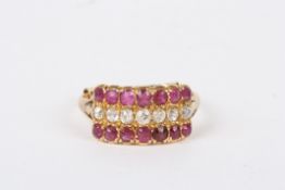 A 9ct gold, diamond and ruby triple row cluster ringset with two rows of rubies flanking a row of