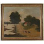 English Primitive School, circa 1860
River scene with cattle and drover in the foreground, oil on