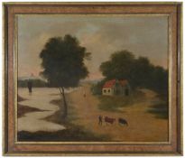 English Primitive School, circa 1860River scene with cattle and drover in the foreground, oil on