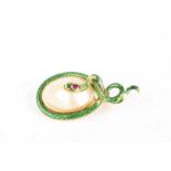 An early 20th century gold, enamel and ruby snake brooch
the green enamel serpent with ruby set head