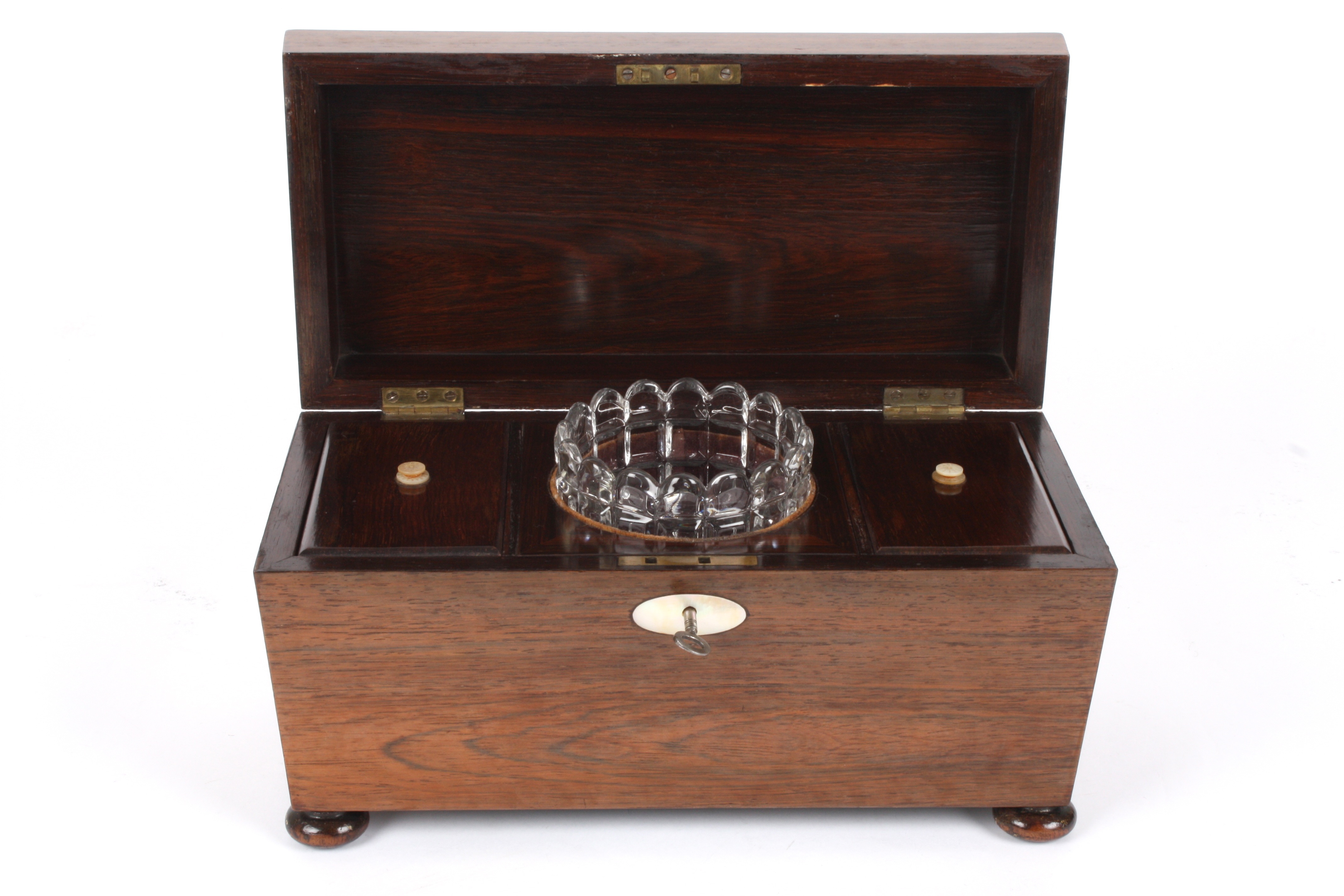 A 19th century sarcophagus shaped rosewood tea caddy
the interior with glass mixing bowl and twin - Image 2 of 2