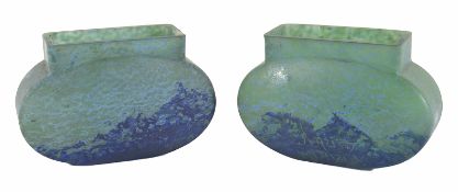 A pair of Daum frosted glass vasesthe green and blue vases of oval form, signed Daum