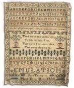 A George IV sampler by Jane Thompson, March Error House 1826with alphabet, numbers and a poem