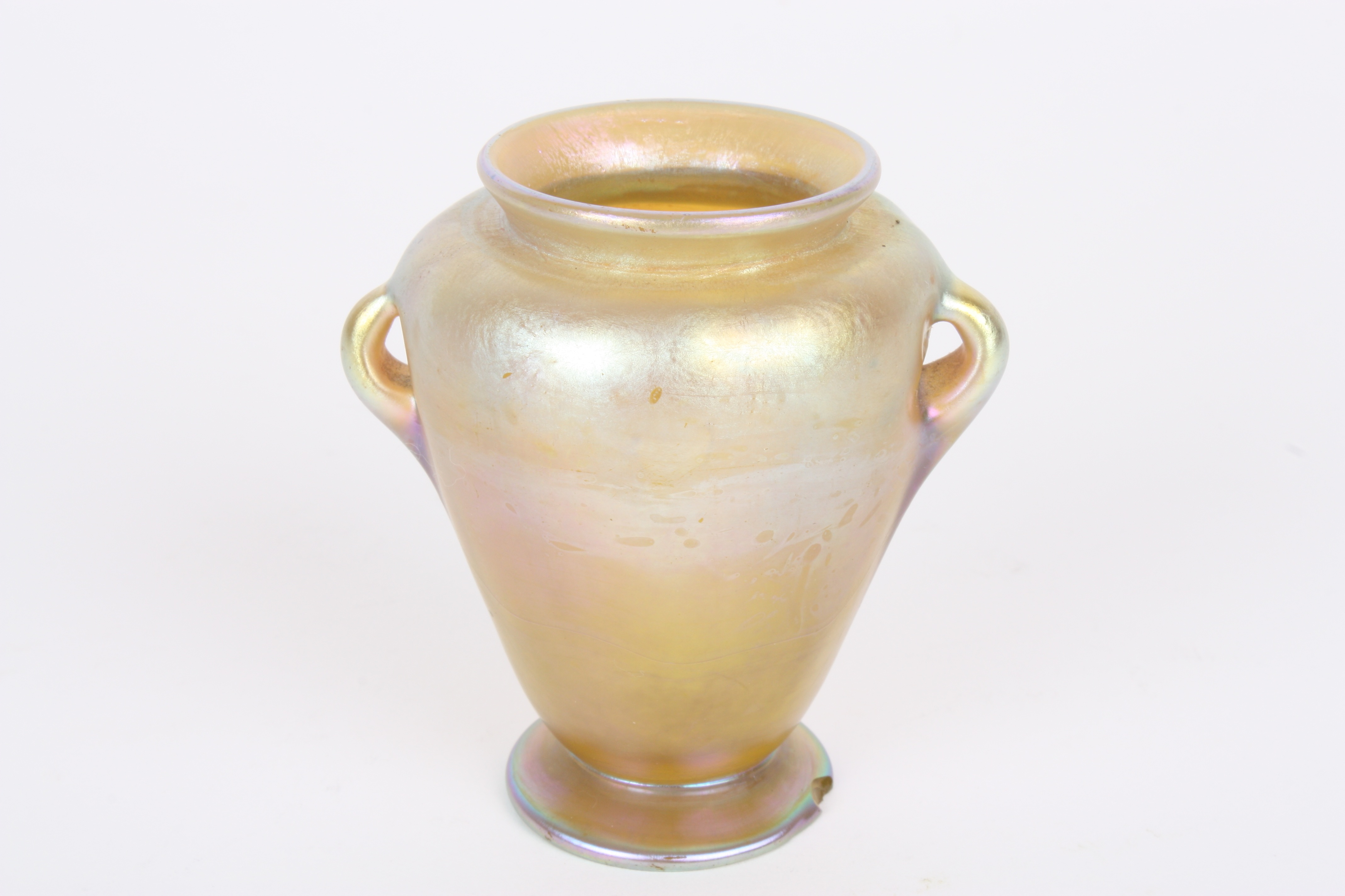 A Louis Comfort Tiffany Favrile iridescent glass vase
of urn shaped form with small loop handles, - Image 2 of 4