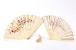 Two silk and bone fansthe first with bone sticks and guard sticks, with silk fan hand painted