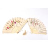 Two silk and bone fans
the first with bone sticks and guard sticks, with silk fan hand painted