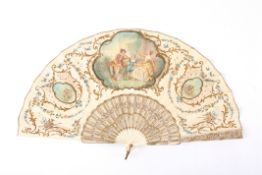 A bone and painted paper fanwith pierced and painted scrolls, decorated with floral pattern, the