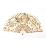 A bone and painted paper fan
with pierced and painted scrolls, decorated with floral pattern, the