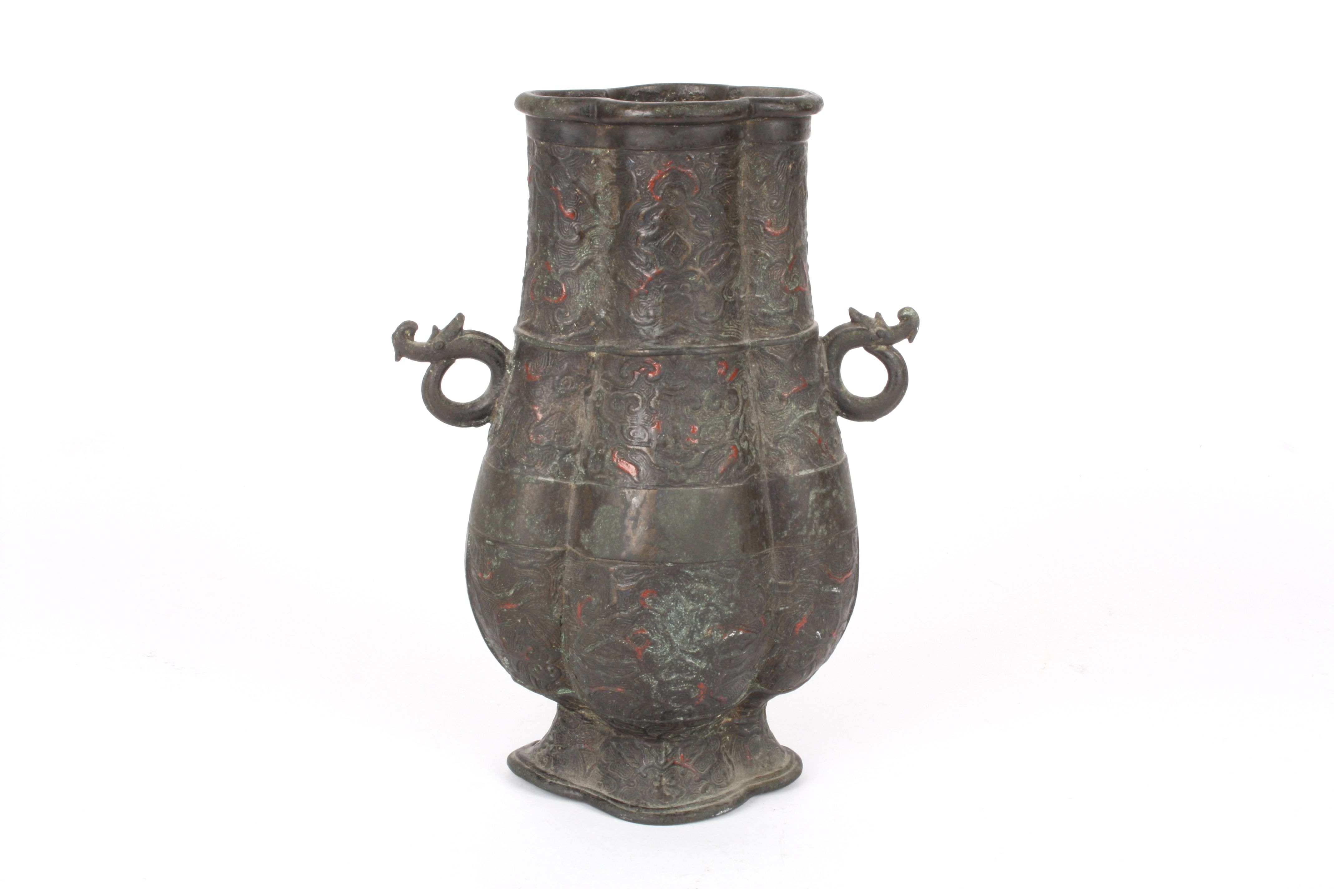 A Chinese bronze and enamel archaic hu vase
18th or 19th century, decorated with bands of scrolls - Image 2 of 3