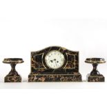 A French early 20th century marble garniture
the 4 1/2 inch enamel dial with Arabic numerals, and