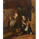 19th century Continental School
Two young girls cornering a seated man, one holding a staff, in a