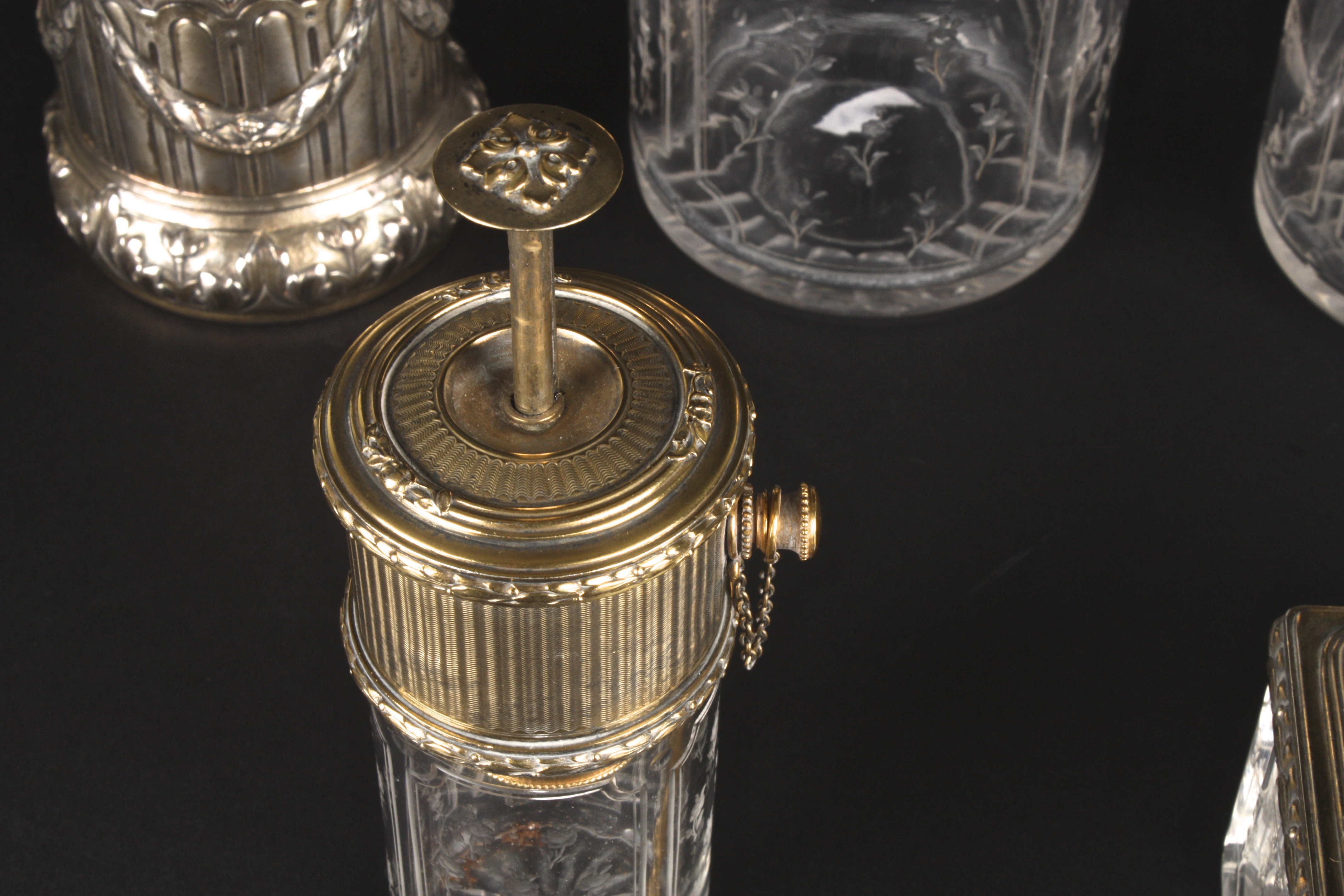 A fine quality late 19th century silver gilt and engraved glass dressing table set
Continental, - Image 2 of 3