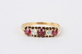 An 18ct gold, ruby and diamond five stone ringset with three rubies interspersed by two diamonds,
