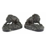 Two bronze lions probably French, late 19th century both in crouching poses, naturalistically