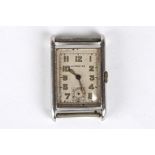 A 1930s Jaeger Le Coultre stainless steel wrist watch
the rectangular silvered dial with luminous