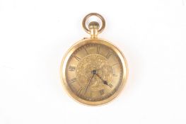 An early 20th century 18ct gold open face pocket watchthe gilt dial with engraved flowers and Roman