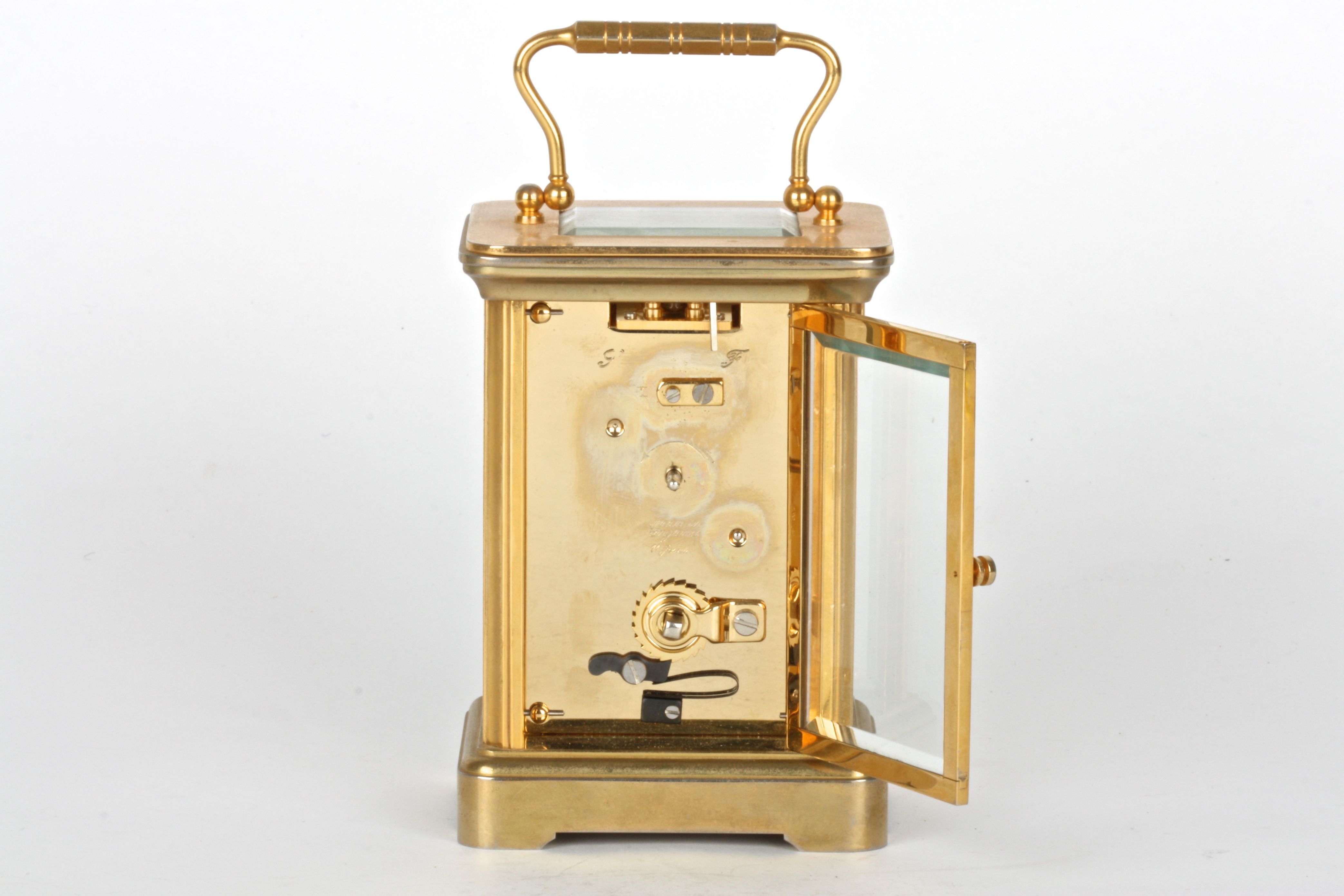 A 20th century Garrard & Co. brass carriage clock
with white dial and black Roman numerals, the dial - Image 3 of 3