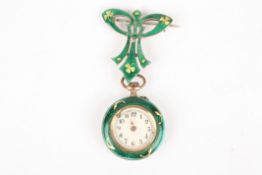 An Edwardian ladies silver gilt and green enamel pendant fob watchthe engine turned green enamel