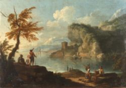 Continental 18th centuryLandscape and coastal scene with figures to foreground, oil on canvas,