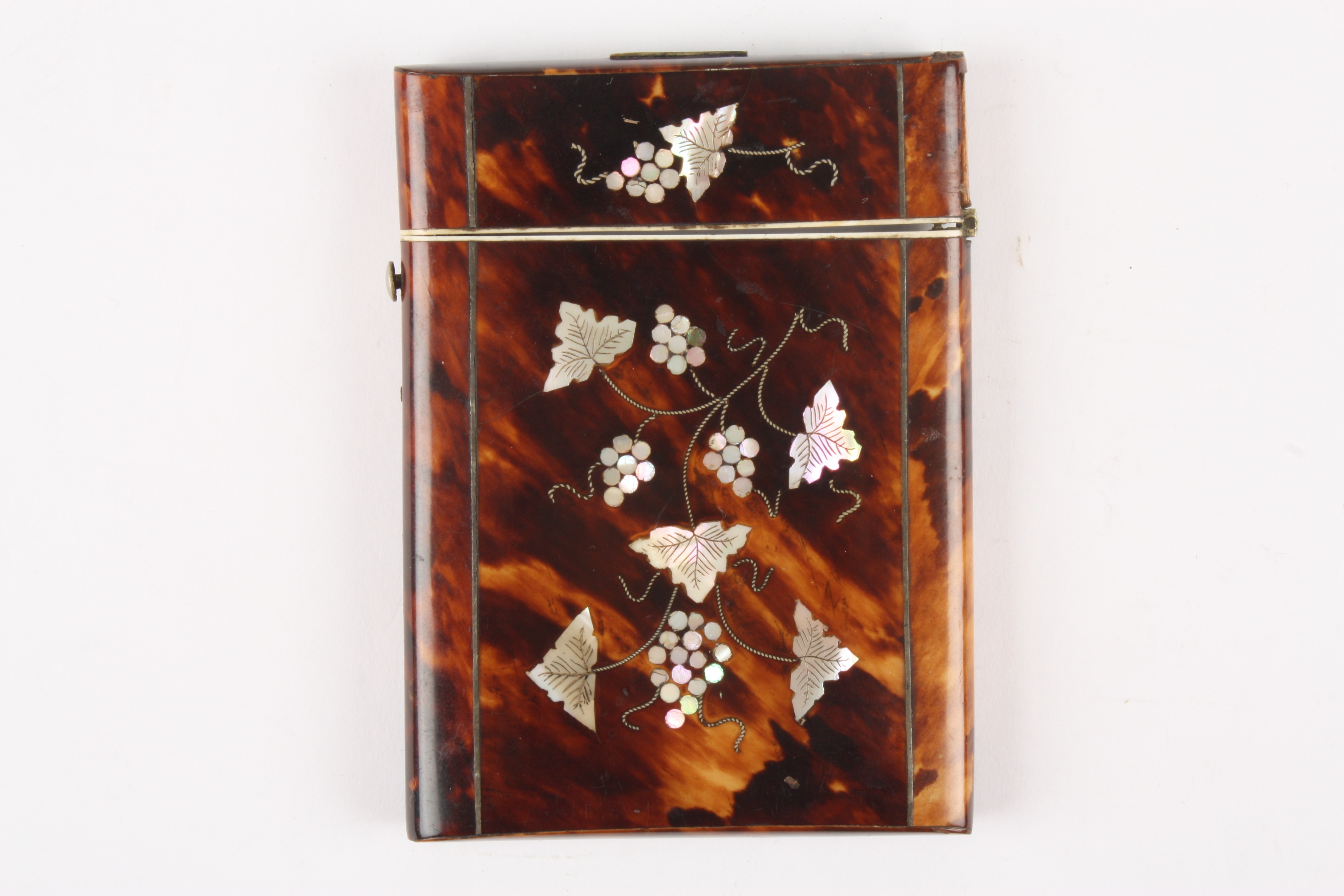A Victorian tortoiseshell and mother of pearl card case
inlaid with grapes and vines on both sides - Image 2 of 3