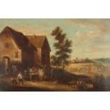 19th century Continental School
A scene of figures merrymaking outside a building, corn cutting in