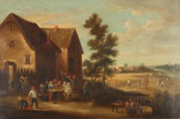 19th century Continental SchoolA scene of figures merrymaking outside a building, corn cutting in