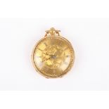 An 18ct gold pocket watch 
with gilded dial and Roman numerals, key wind movement, with chased and