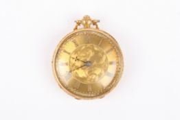 An 18ct gold pocket watch with gilded dial and Roman numerals, key wind movement, with chased and