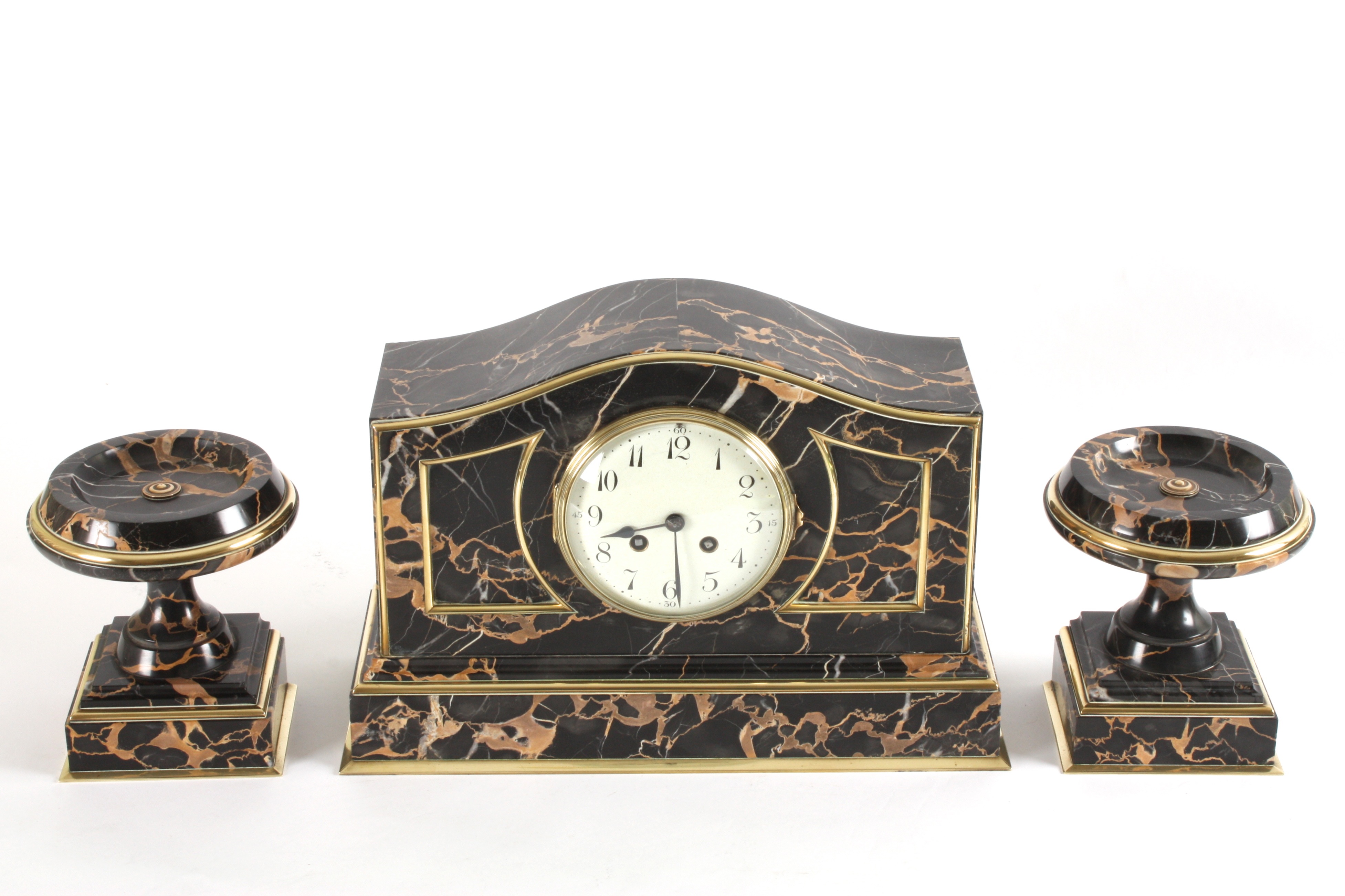 A French early 20th century marble garniture
the 4 1/2 inch enamel dial with Arabic numerals, and - Image 2 of 4