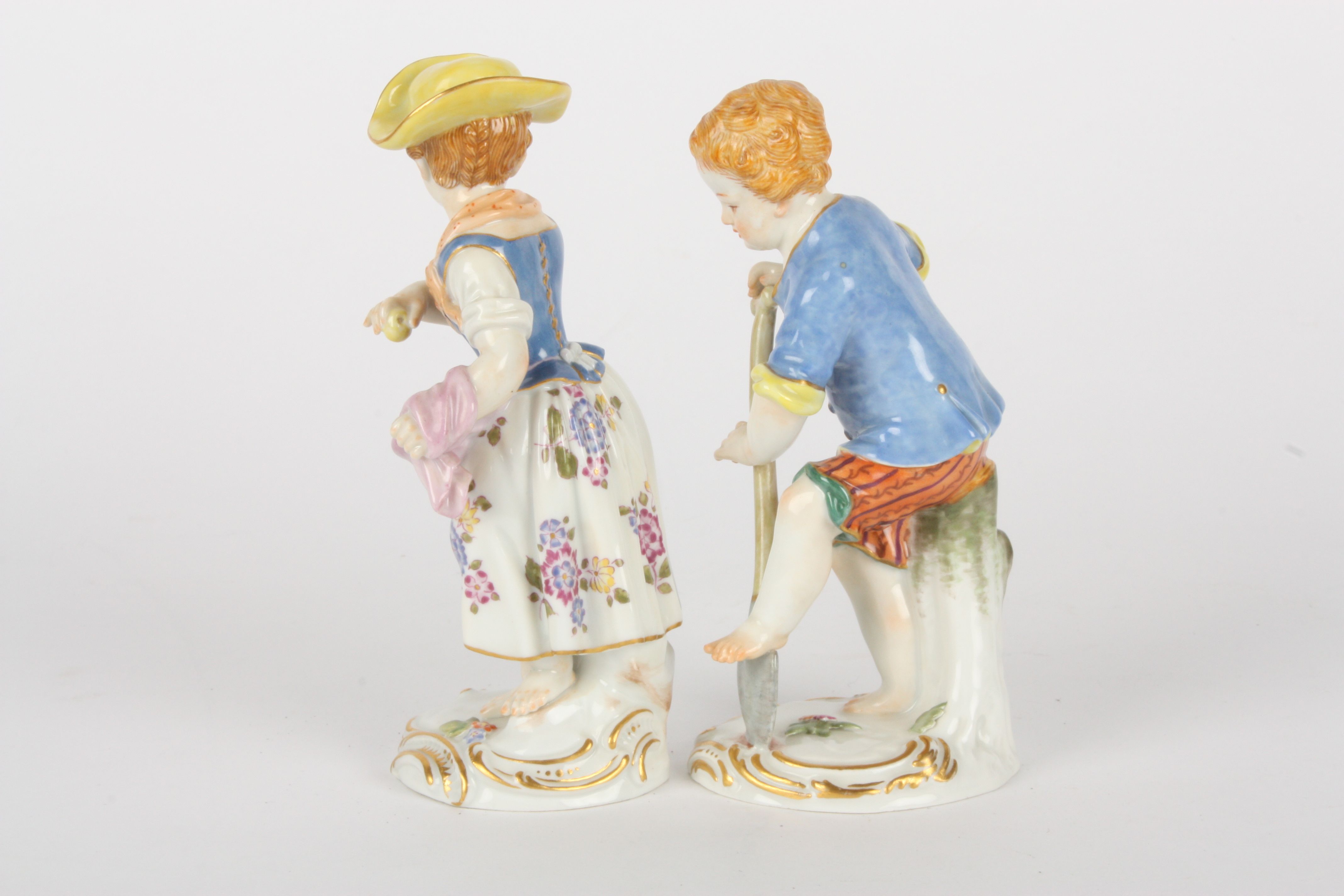 Pair of late 20th Meissen figures of gardening boy and girl, after Kaendler, the boy with spade - Image 3 of 5