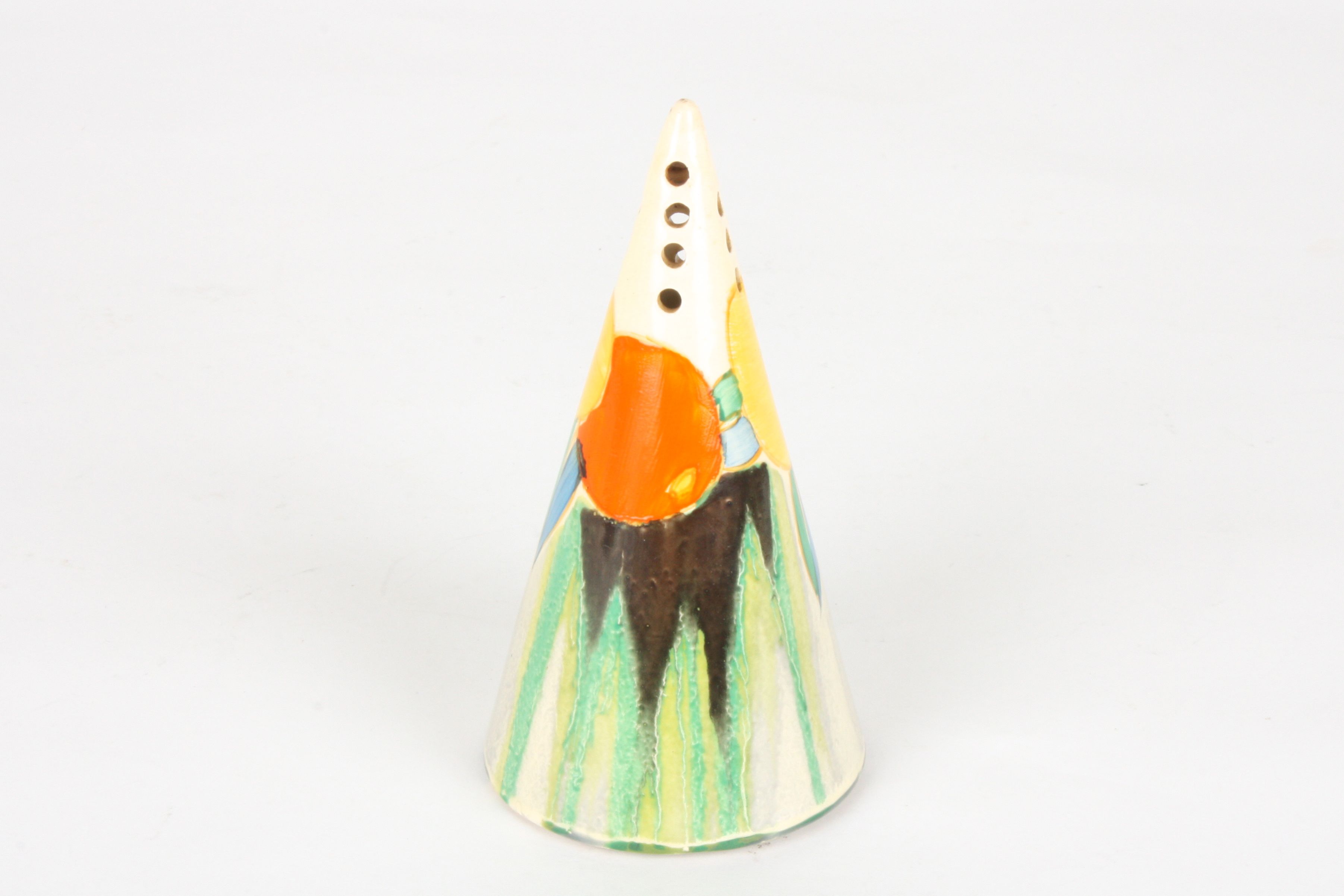 A Clarice Cliff conical sugar shaker - Delicia Citris
hand painted band of fruit over a Delicia - Image 2 of 2