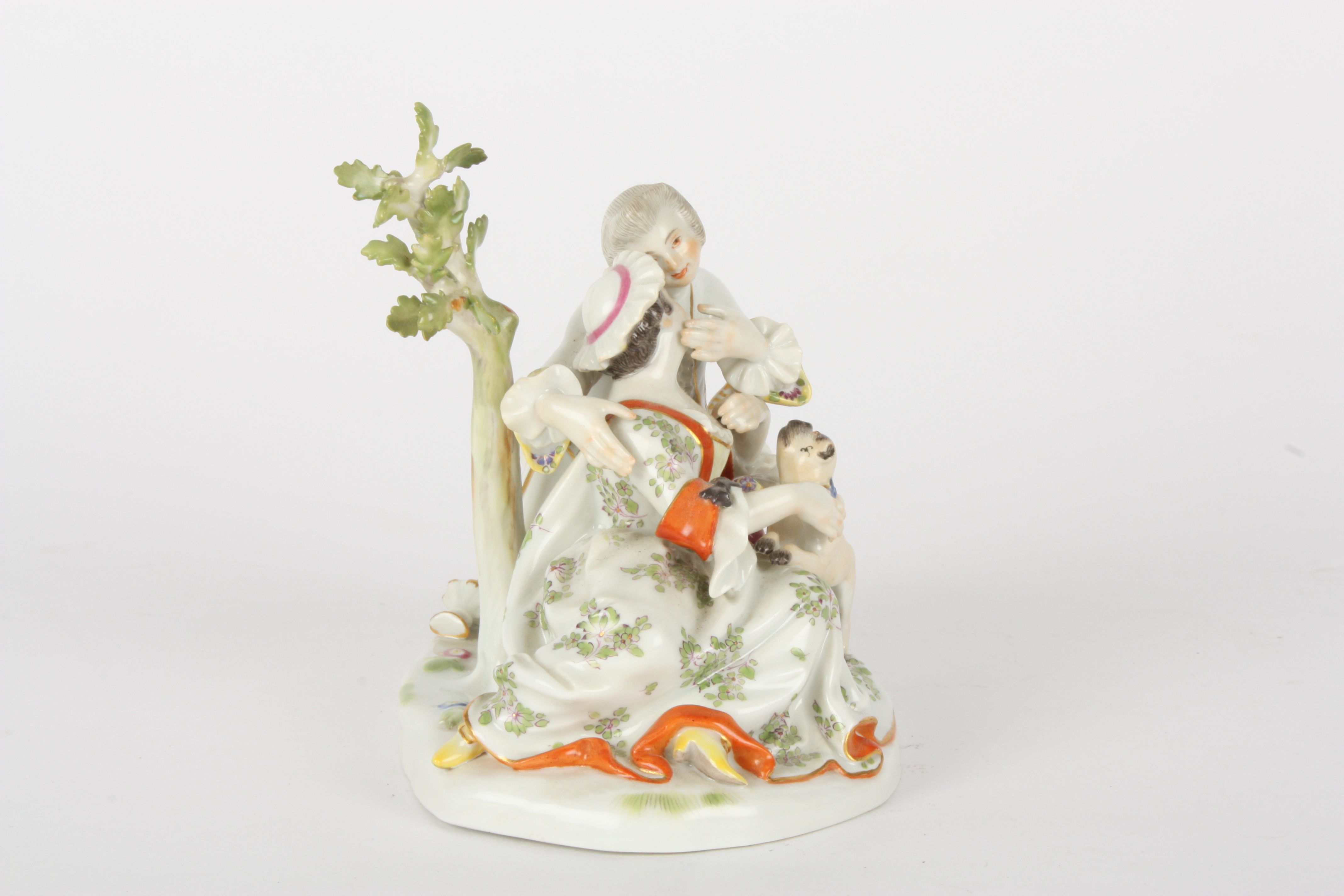 Late 20th century Meissen figure group, after Kaendler, courting couple seated, with a playful Pug - Image 4 of 5