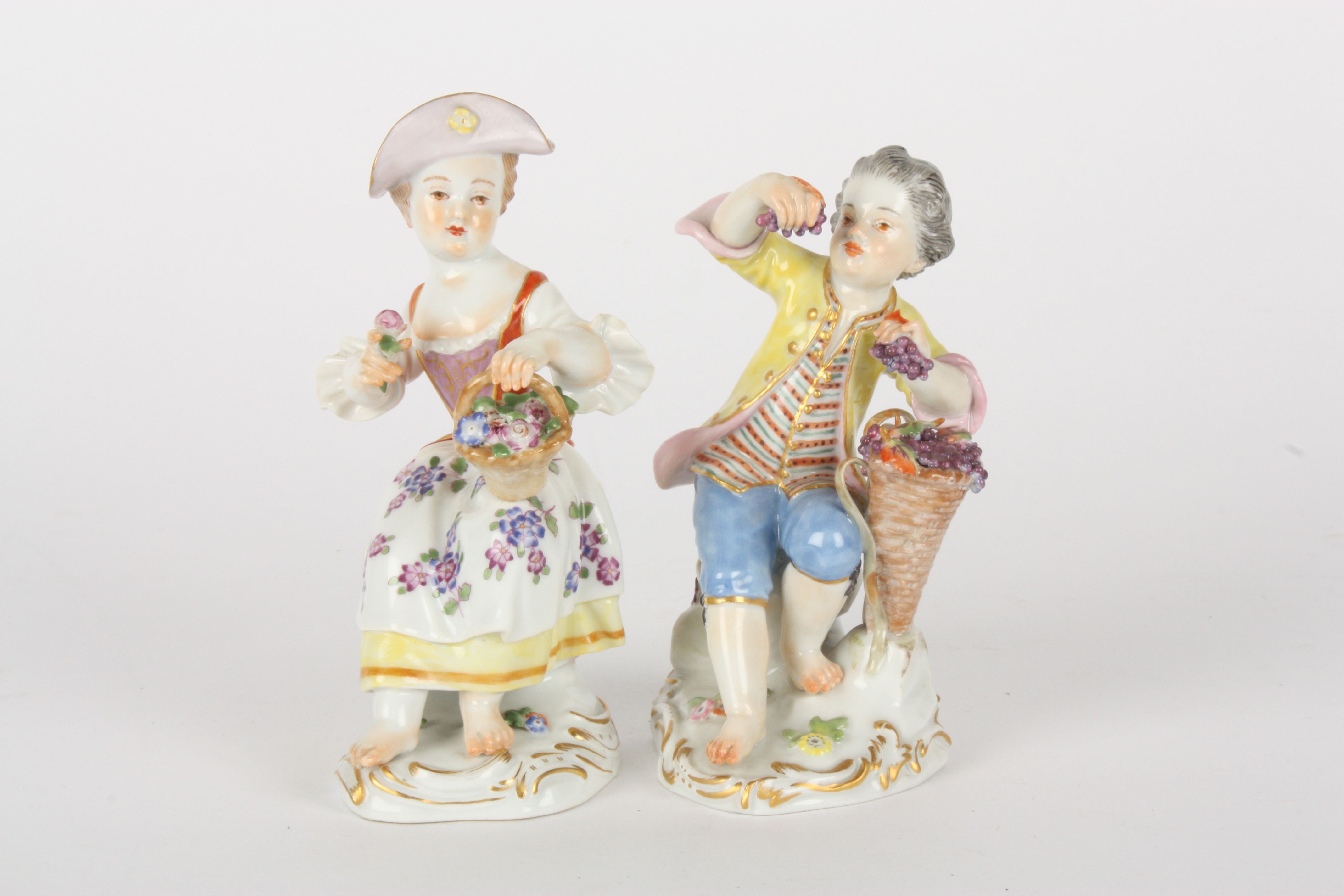 Pair of Late 20th century Gardner Children, figures, after Kaendler, the girl seated with basket