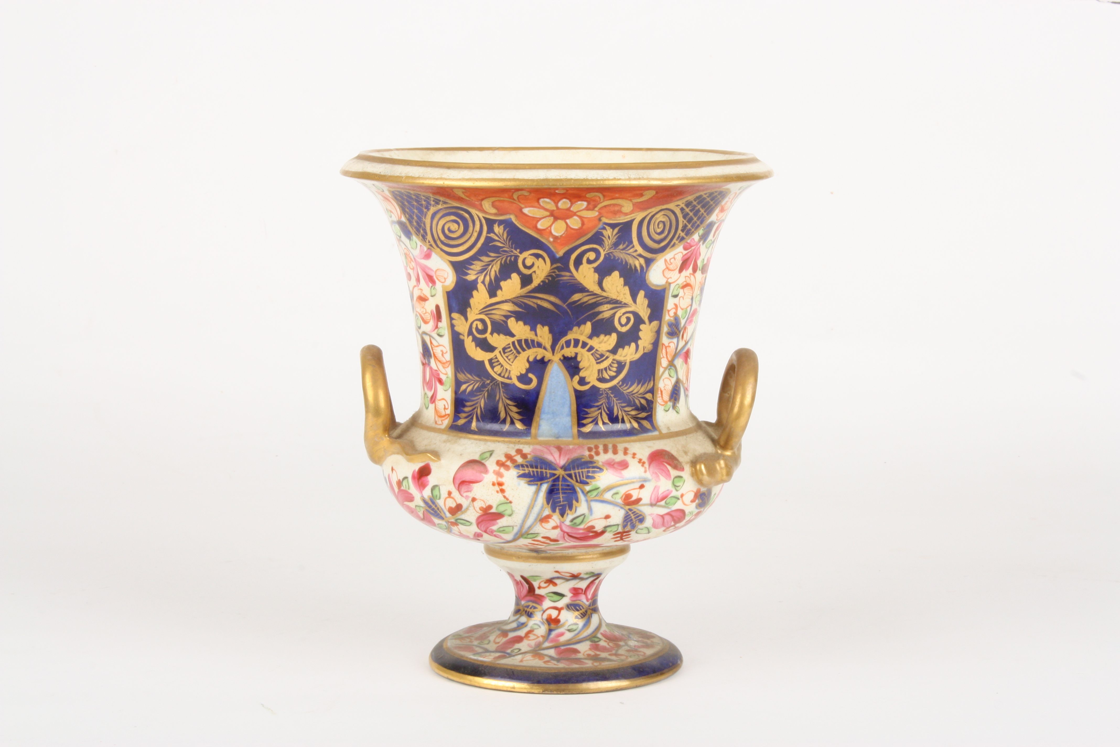 An early 19th century Derby Imari campagna urn
decorated with pink flowers, leaves and scrolls on - Image 2 of 3