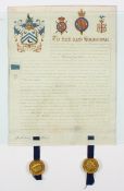 A Victorian armorial Coat of Arms indentureto Sir Charles George Young Knight Garter, dated 1859,