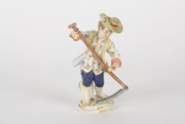 Late 20th century Meissen figure of a gardening boy, after Kaendler, modelled working with a scythe,