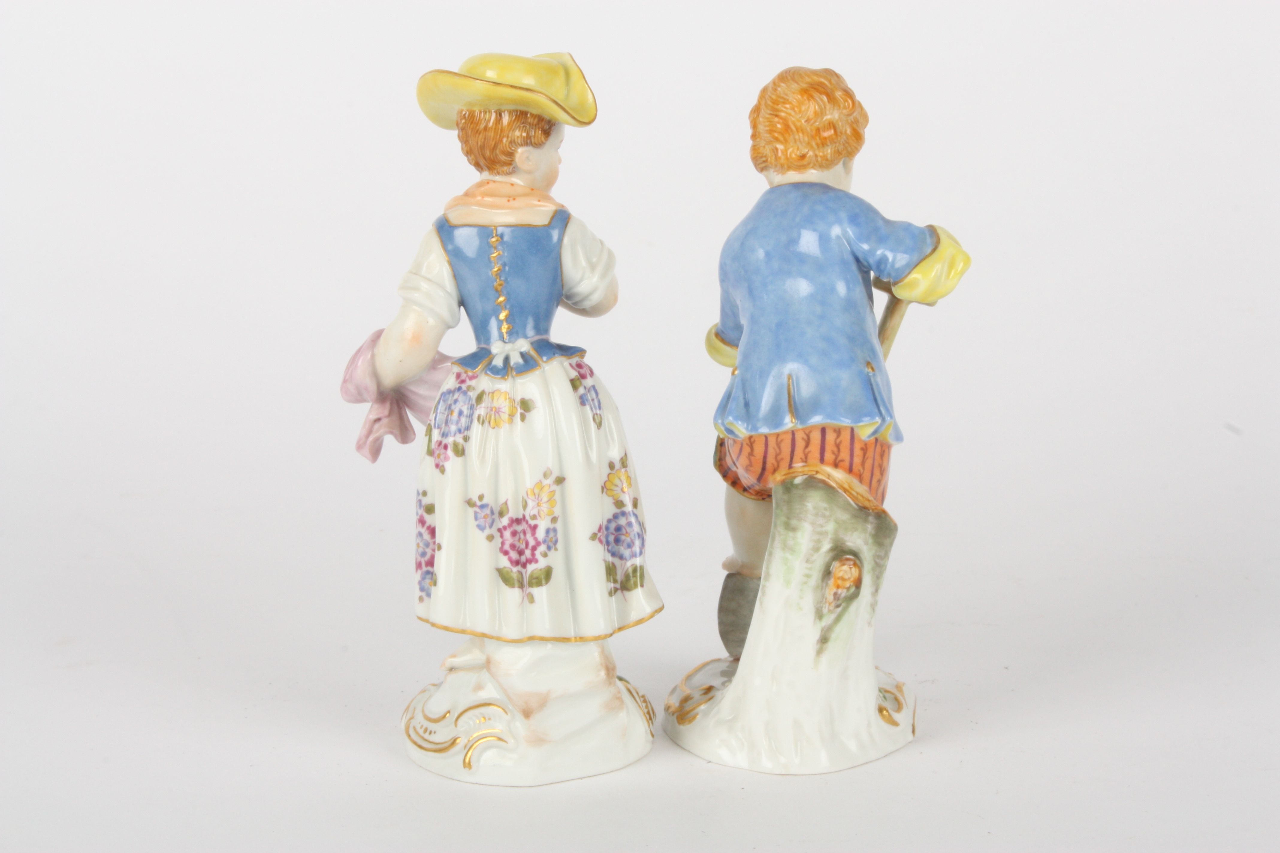 Pair of late 20th Meissen figures of gardening boy and girl, after Kaendler, the boy with spade - Image 2 of 5