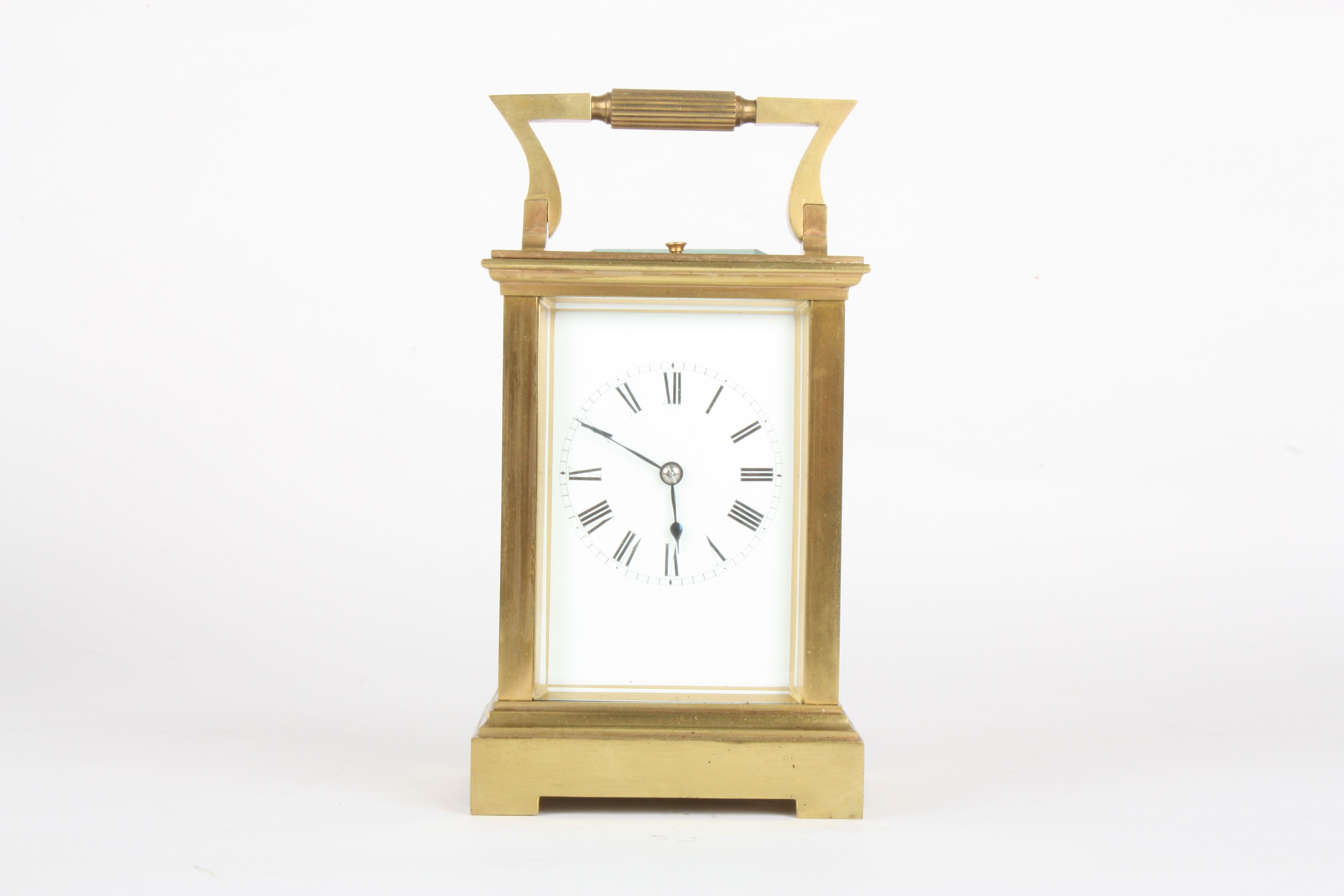 An Edwardian brass repeating carriage clock
with white enamel dial and black Roman numerals, plain - Image 2 of 4