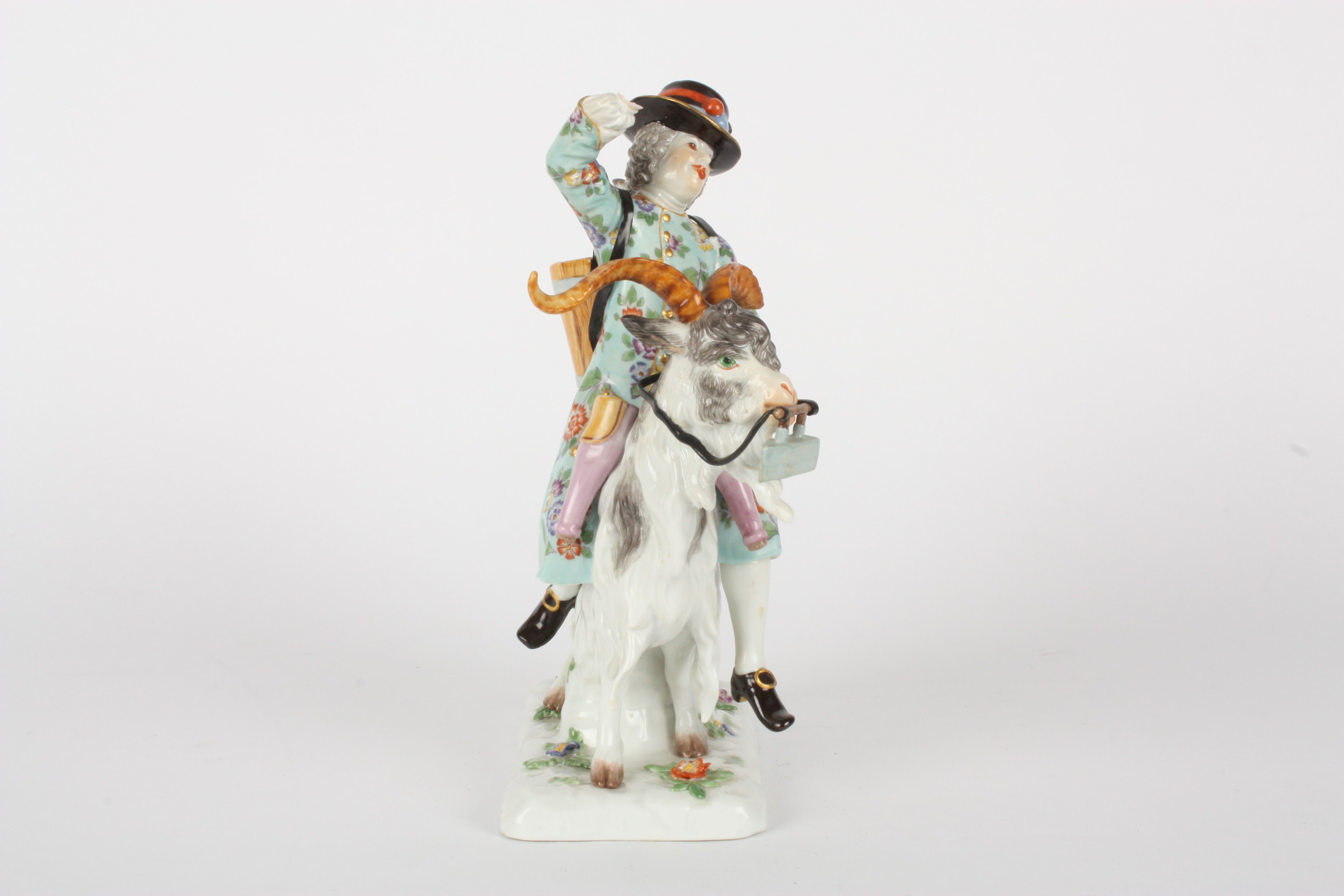 Late 20th century Meissen figure, Tailor on a Goat, after Kaendler, painted blue cross swords - Image 4 of 5