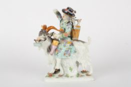 Late 20th century Meissen figure, Tailor on a Goat, after Kaendler, painted blue cross swords