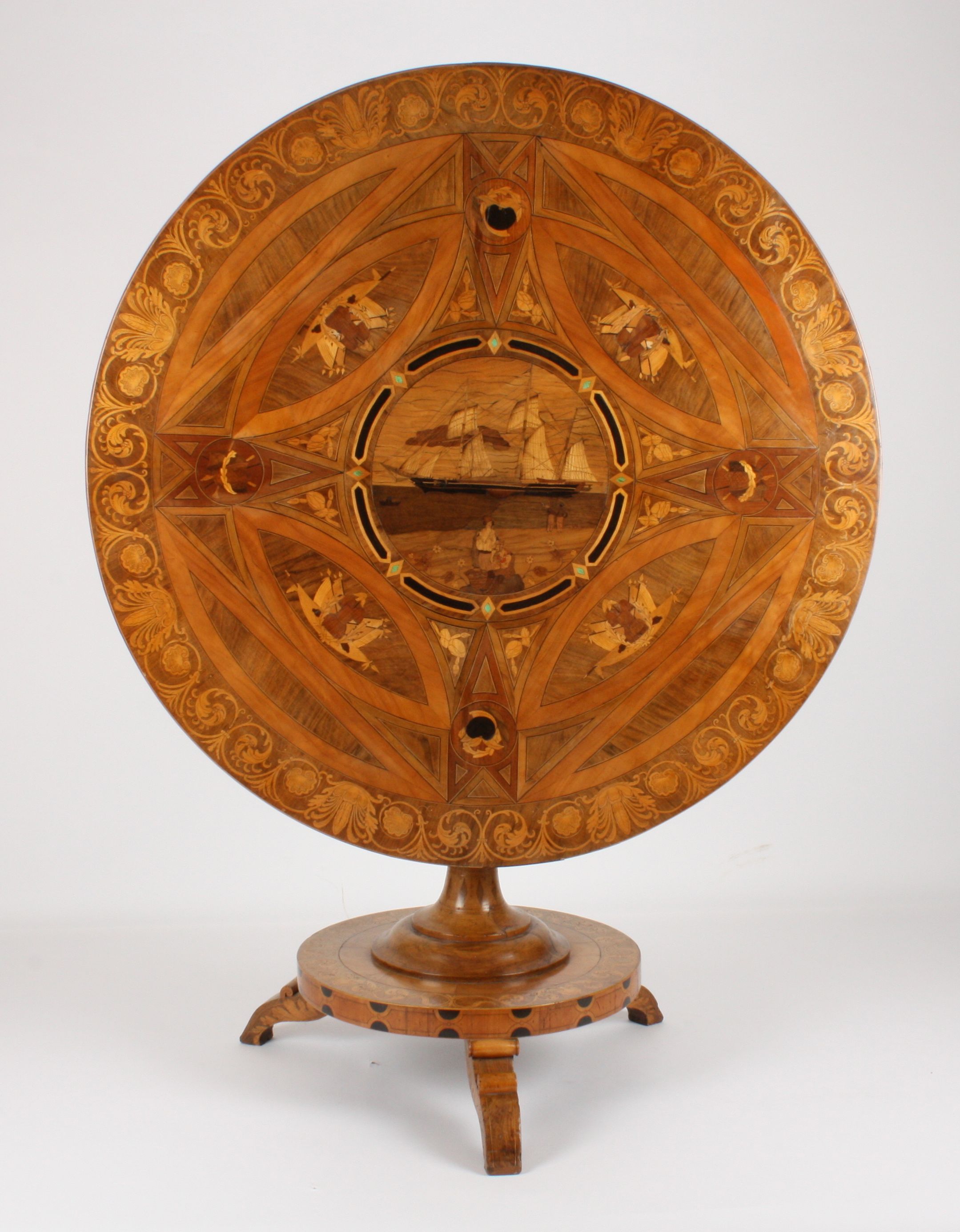 A good 19th century walnut marquetry tilt-top centre table with maritime interest
the centre - Image 2 of 5