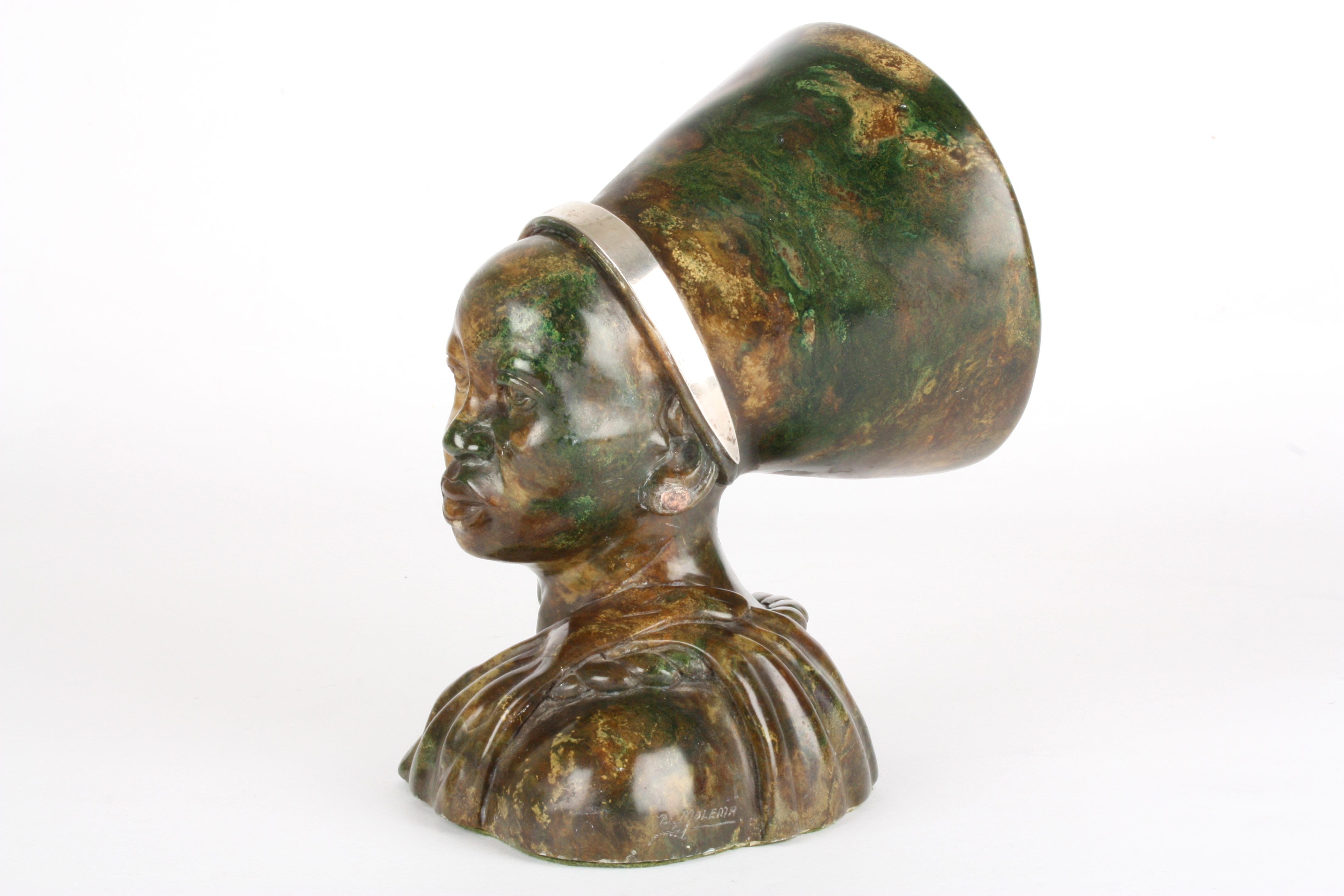 An African Verdite carved figure of a Zulu woman
signed D. Molema, with traditional head-dress, - Image 2 of 3