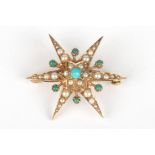 A Victorian design 9ct gold, turquoise and seed pearl star brooch
set with central turquoise