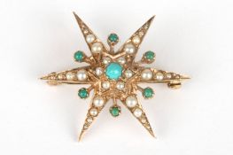 A Victorian design 9ct gold, turquoise and seed pearl star broochset with central turquoise