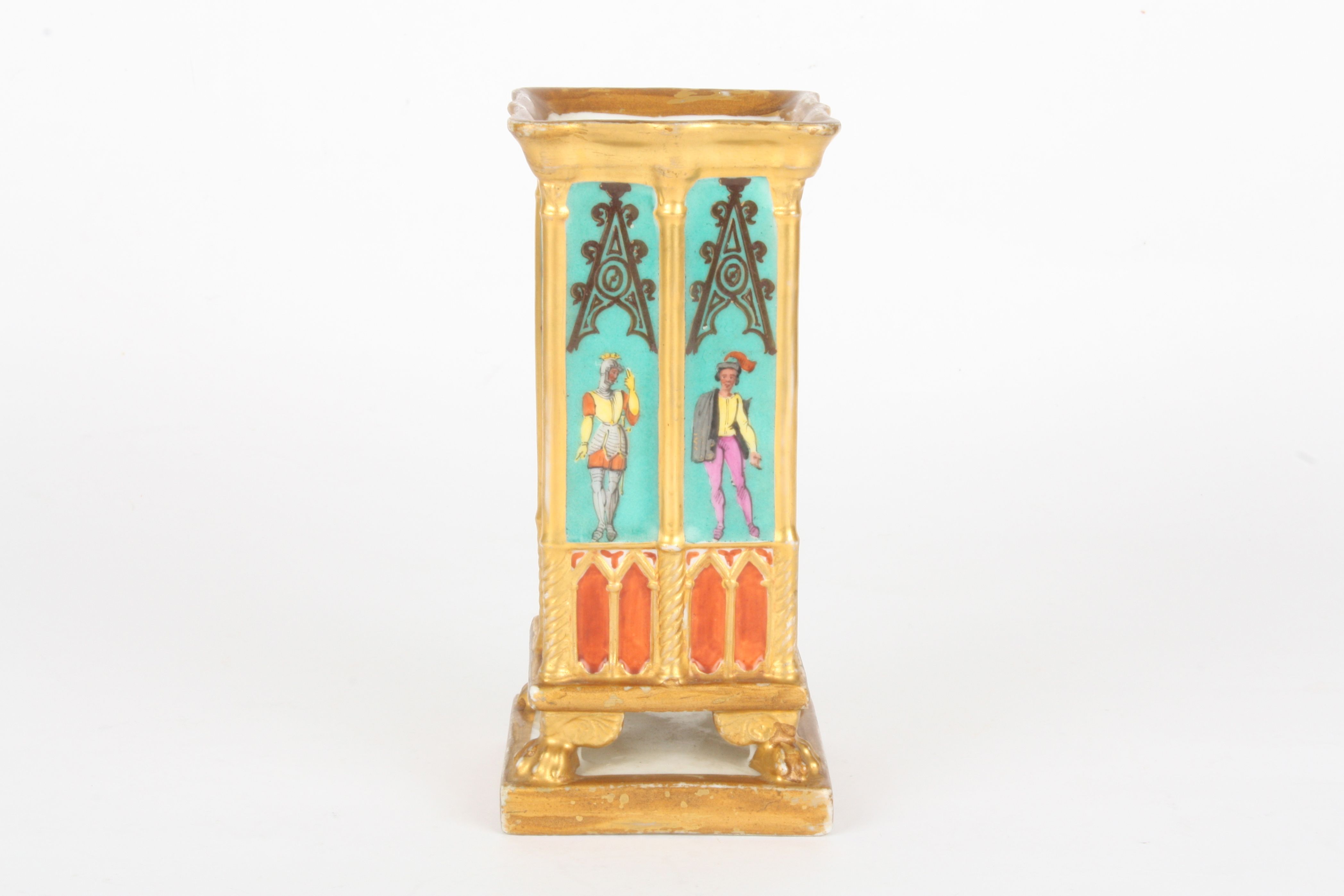 A 19th century French Darte porcelain Gothic design spill vase
of square form, painted with full - Image 2 of 5