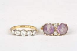 An amethyst and diamond two stone ringtogether with a diamond five stone ring set in 18ct yellow