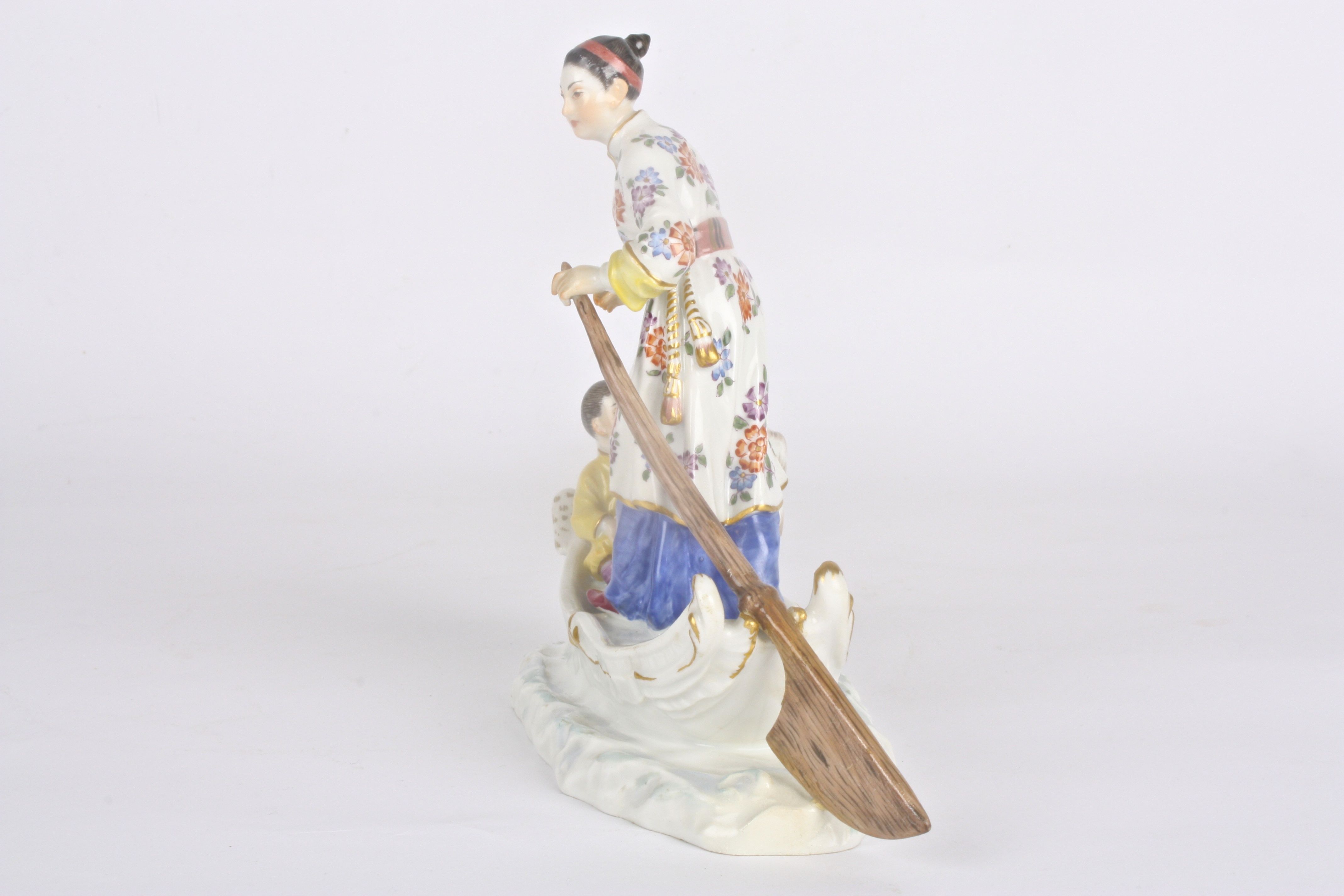 Late 20th Meissen figure group, after Kaendler/Reinicke, modelled as a Chinese lady rowing a boat - Image 4 of 5